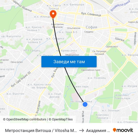 Метростанция Витоша / Vitosha Metro Station (0909) to Академия На Мвр map
