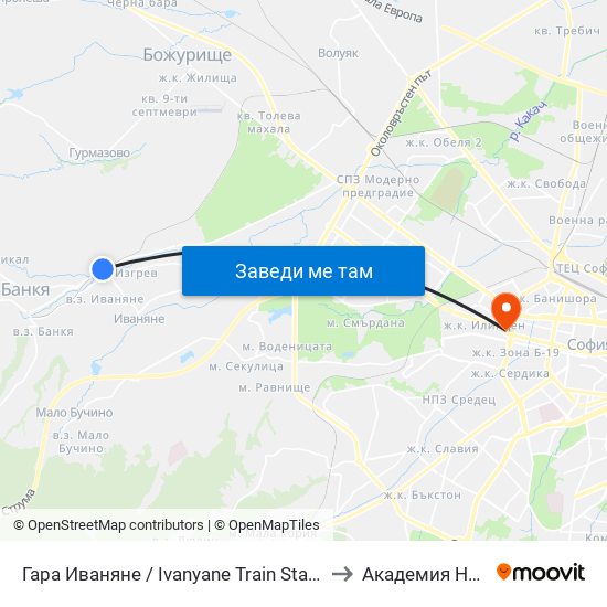 Гара Иваняне / Ivanyane Train Station (0454) to Академия На Мвр map