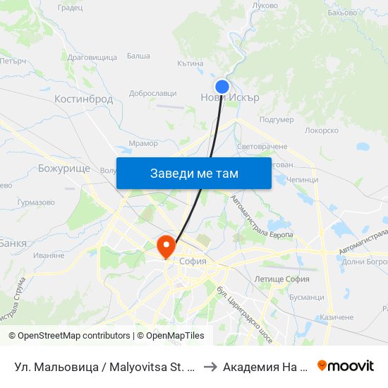 Ул. Мальовица / Malyovitsa St. (2538) to Академия На Мвр map