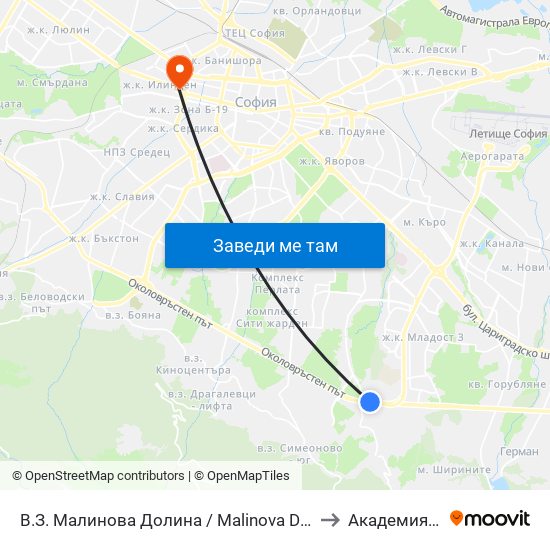 В.З. Малинова Долина / Malinova Dolina Villa Zone (1374) to Академия На Мвр map