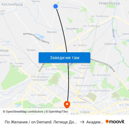По Желание / on Demand: Летище Доброславци / Dobroslavtsi Airport (1002) to Академия На Мвр map