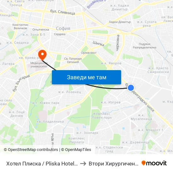Хотел Плиска / Pliska Hotel (2326) to Втори Хирургичен Блок map