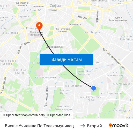 Висше Училище По Телекомуникации / University Of Telecommunications And Post (1396) to Втори Хирургичен Блок map