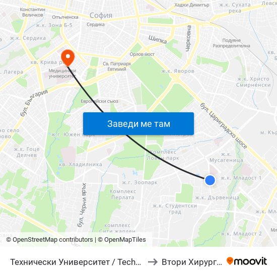 Технически Университет / Technical University (1743) to Втори Хирургичен Блок map