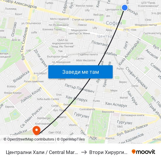 Централни Хали / Central Market Hall (2334) to Втори Хирургичен Блок map