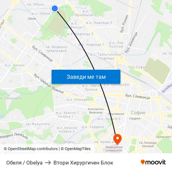Обеля / Obelya to Втори Хирургичен Блок map