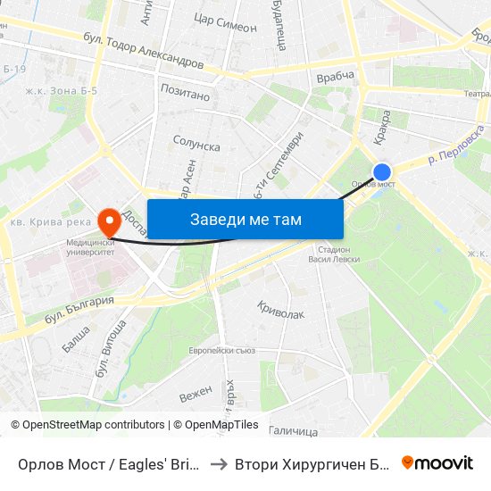 Орлов Мост / Eagles' Bridge to Втори Хирургичен Блок map