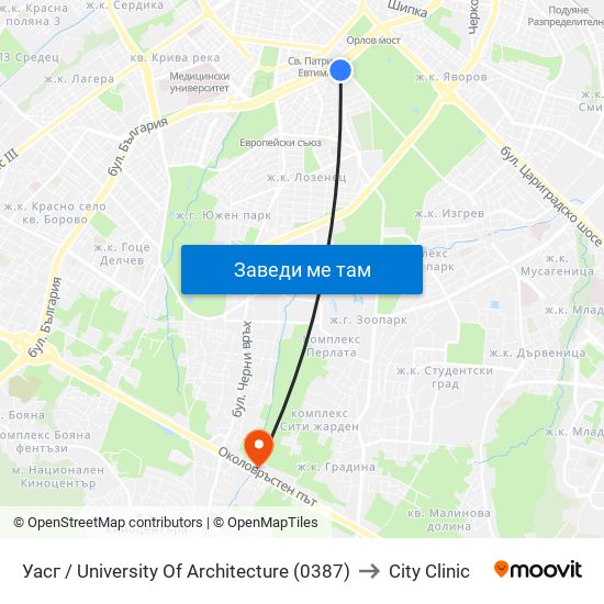 Уасг / University Of Architecture (0387) to City Clinic map