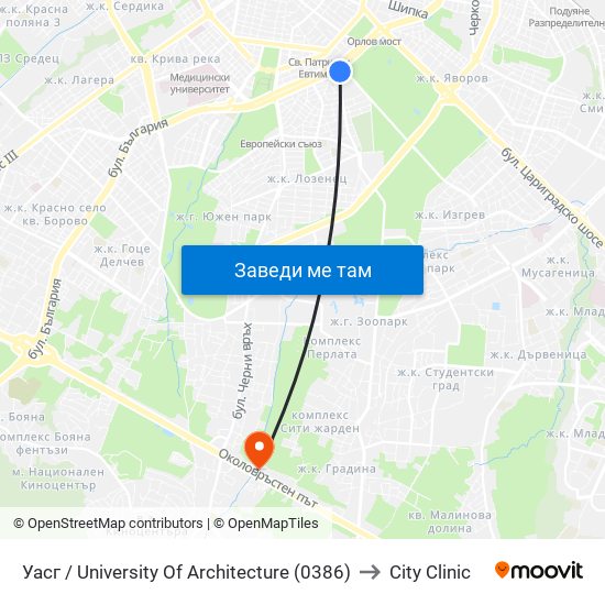 Уасг / University Of Architecture (0386) to City Clinic map