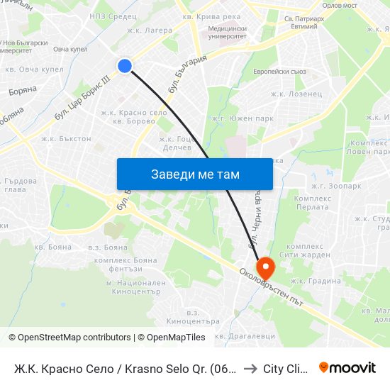 Ж.К. Красно Село / Krasno Selo Qr. (0638) to City Clinic map