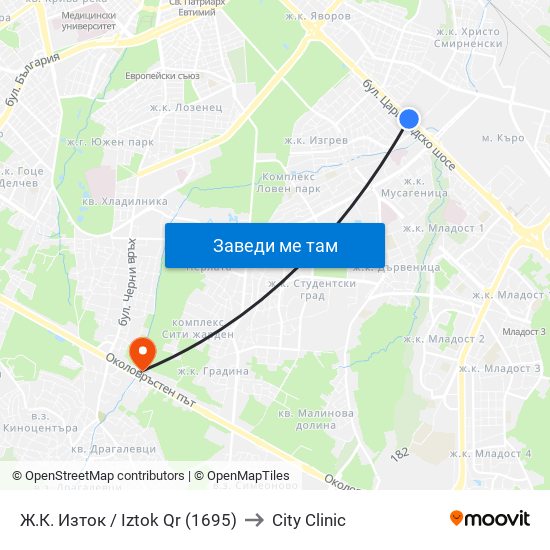 Ж.К. Изток / Iztok Qr (1695) to City Clinic map
