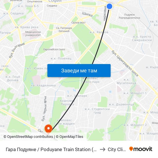 Гара Подуяне / Poduyane Train Station (0468) to City Clinic map