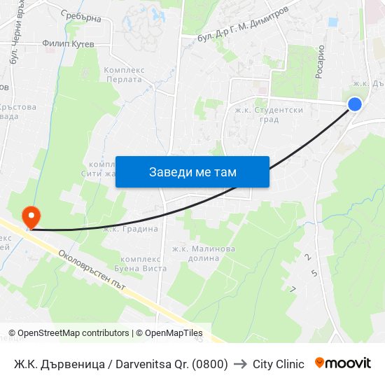 Ж.К. Дървеница / Darvenitsa Qr. (0800) to City Clinic map