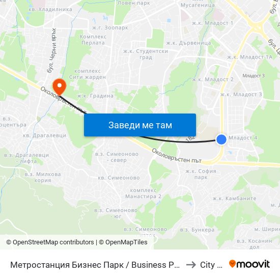 Метростанция Бизнес Парк / Business Park Metro Station (2490) to City Clinic map