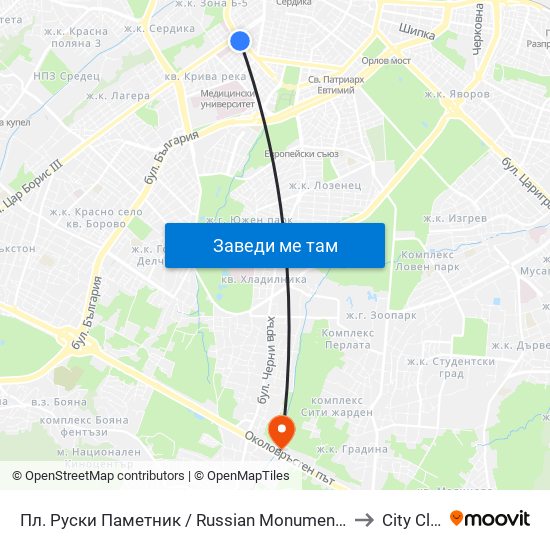 Пл. Руски Паметник / Russian Monument Sq. (1296) to City Clinic map