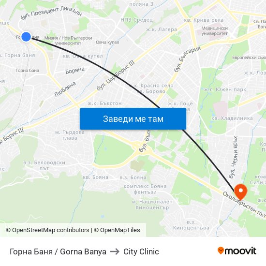 Горна Баня / Gorna Banya to City Clinic map