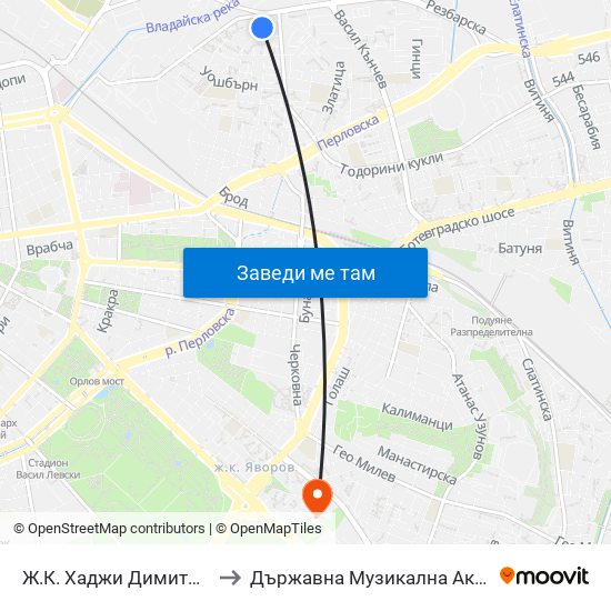 Ж.К. Хаджи Димитър / Hadzhi Dimitar Sq. (0692) to Държавна Музикална Академия - Инструментален Факултет map