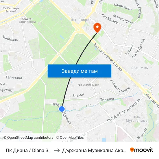 Пк Диана / Diana Swimming Complex (1343) to Държавна Музикална Академия - Инструментален Факултет map