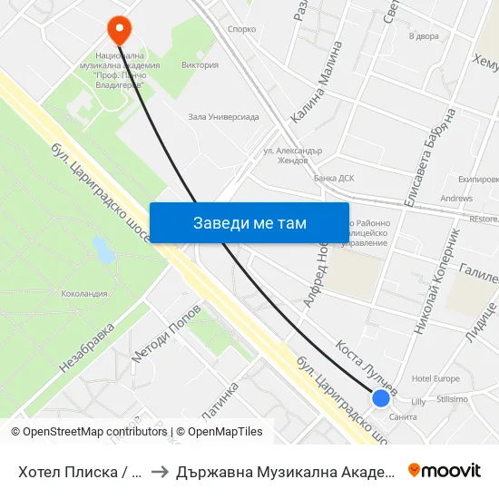 Хотел Плиска / Pliska Hotel (2324) to Държавна Музикална Академия - Инструментален Факултет map