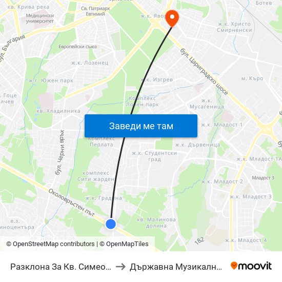 Разклона За Кв. Симеоново / Fork Road To Simeonovo Qr. (1458) to Държавна Музикална Академия - Инструментален Факултет map