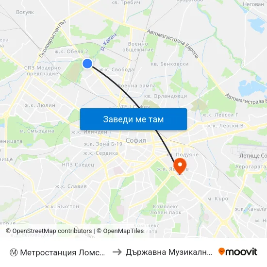 Ⓜ️ Метростанция Ломско Шосе / Lomsko Shose Metro Station (2660) to Държавна Музикална Академия - Инструментален Факултет map