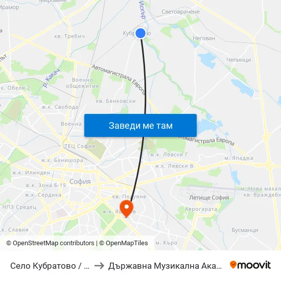 Село Кубратово / Kubratovo Village (1543) to Държавна Музикална Академия - Инструментален Факултет map