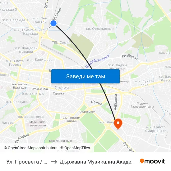 Ул. Просвета / Prosveta St. (2142) to Държавна Музикална Академия - Инструментален Факултет map
