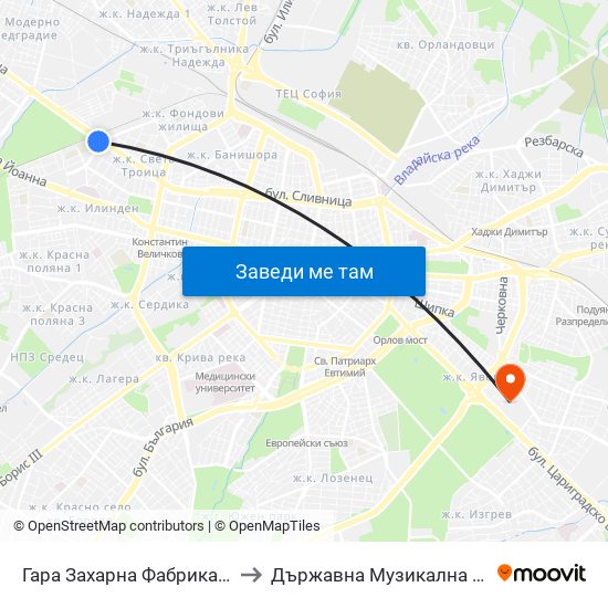Гара Захарна Фабрика / Zaharna Fabrika Train Station (0622) to Държавна Музикална Академия - Инструментален Факултет map