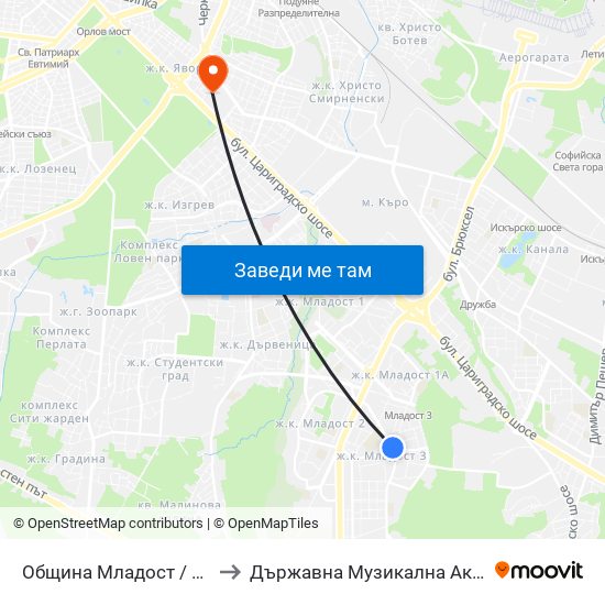 Община Младост / Municipality Of Mladost (0944) to Държавна Музикална Академия - Инструментален Факултет map