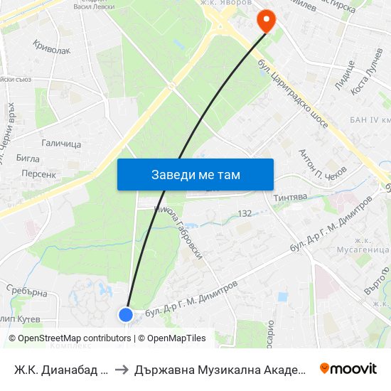Ж.К. Дианабад / Dianabad (0602) to Държавна Музикална Академия - Инструментален Факултет map