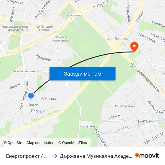 Енергопроект / Energoproekt (0575) to Държавна Музикална Академия - Инструментален Факултет map