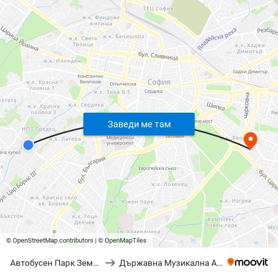 Автобусен Парк Земляне / Zemlyane Bus Depot (0079) to Държавна Музикална Академия - Инструментален Факултет map
