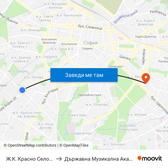 Ж.К. Красно Село / Krasno Selo Qr. (0641) to Държавна Музикална Академия - Инструментален Факултет map