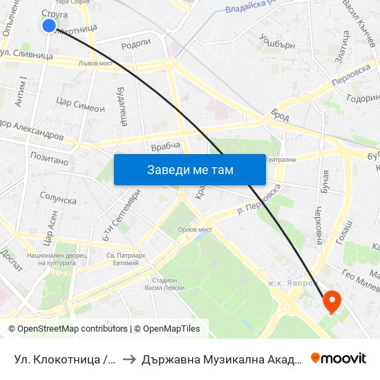 Ул. Клокотница / Klokotnitsa St. (1326) to Държавна Музикална Академия - Инструментален Факултет map