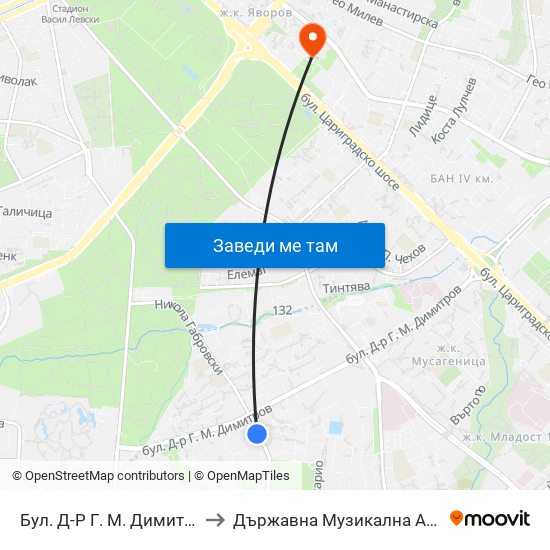 Бул. Д-Р Г. М. Димитров / G. M. Dimitrov Blvd. (0318) to Държавна Музикална Академия - Инструментален Факултет map