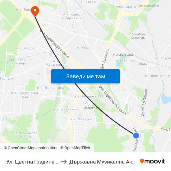 Ул. Цветна Градина / Tsvetna Gradina St. (2256) to Държавна Музикална Академия - Инструментален Факултет map