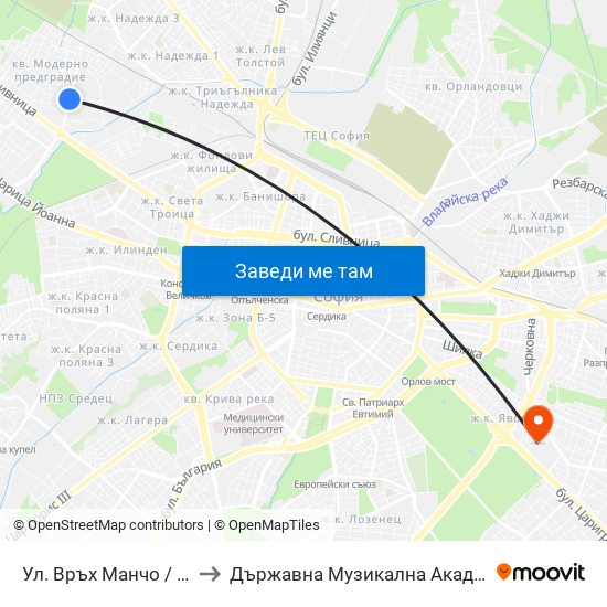 Ул. Връх Манчо / Vrah Mancho St. (1199) to Държавна Музикална Академия - Инструментален Факултет map