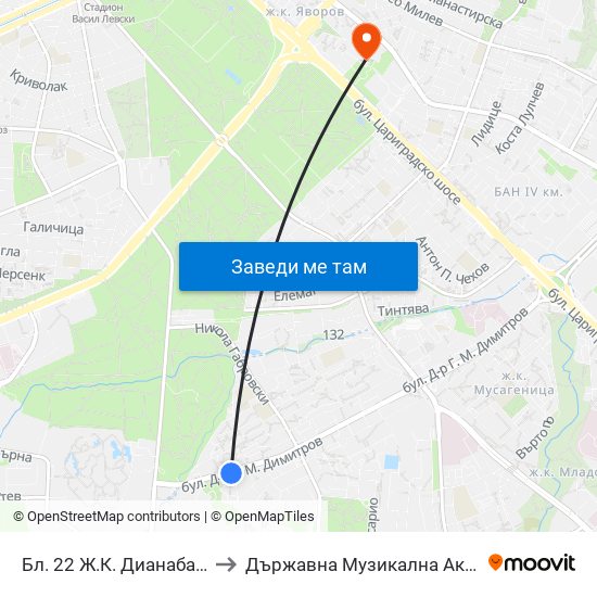 Бл. 22 Ж.К. Дианабад / Bl. 22, Dianabad Qr. (0124) to Държавна Музикална Академия - Инструментален Факултет map