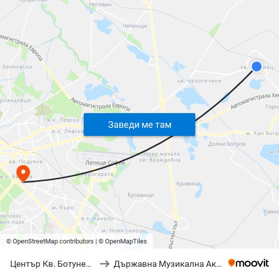 Център Кв. Ботунец / Botunets Qr. Centre (1235) to Държавна Музикална Академия - Инструментален Факултет map