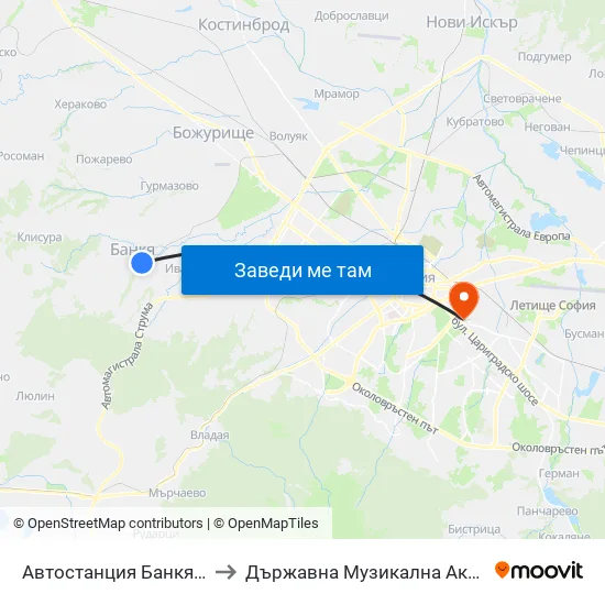 🚌 Автостанция Банкя / Bankya Bus Station (0051) to Държавна Музикална Академия - Инструментален Факултет map