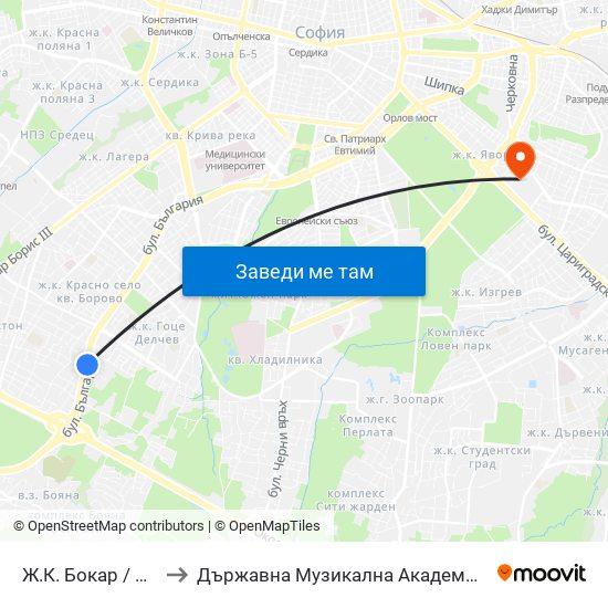Ж.К. Бокар / Bokar Qr. (2688) to Държавна Музикална Академия - Инструментален Факултет map