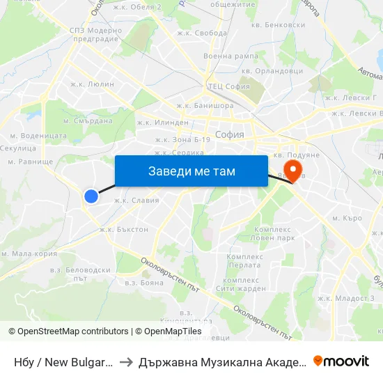Нбу / New Bulgarian University (0069) to Държавна Музикална Академия - Инструментален Факултет map