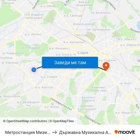Метростанция Мизия / Moesia Metro Station (0361) to Държавна Музикална Академия - Инструментален Факултет map