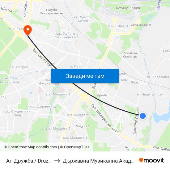 Ап Дружба / Druzhba Bus Depot (0077) to Държавна Музикална Академия - Инструментален Факултет map