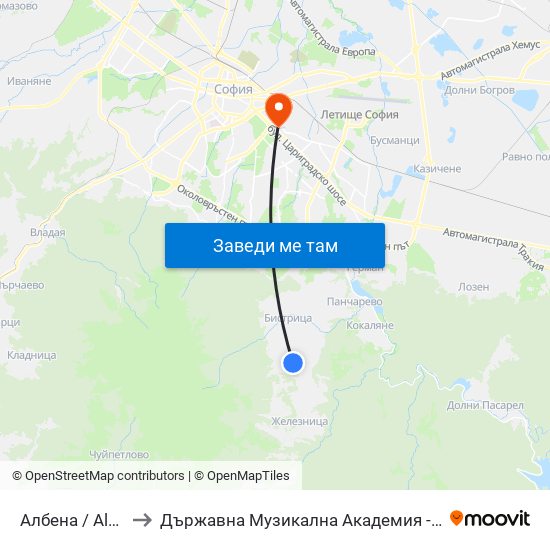 Албена / Albena (0071) to Държавна Музикална Академия - Инструментален Факултет map