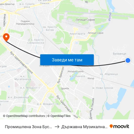 Промишлена Зона Бусманци / Industrial Zone Busmantsi (1640) to Държавна Музикална Академия - Инструментален Факултет map