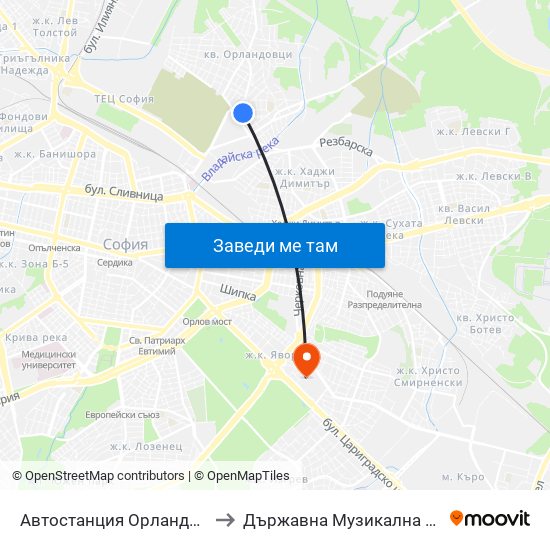 Автостанция Орландовци / Orlandovtsi Bus Station (0063) to Държавна Музикална Академия - Инструментален Факултет map
