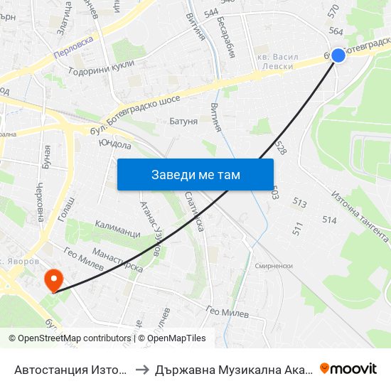 Автостанция Изток / Iztok Bus Station (2023) to Държавна Музикална Академия - Инструментален Факултет map