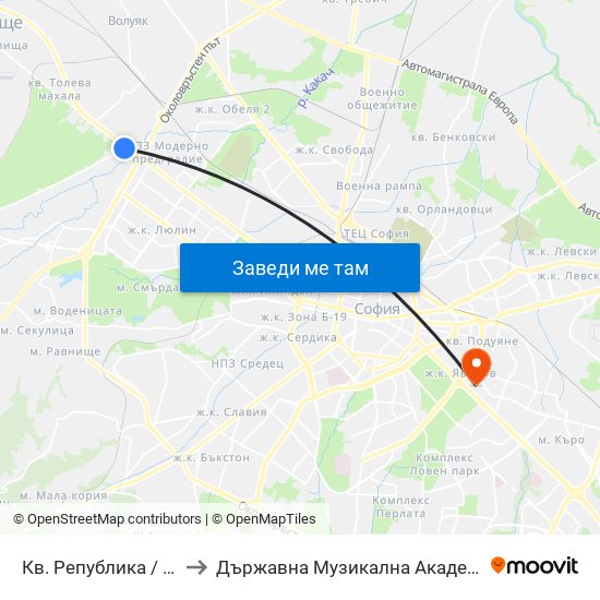 Кв. Република / Republika Qr. (0896) to Държавна Музикална Академия - Инструментален Факултет map