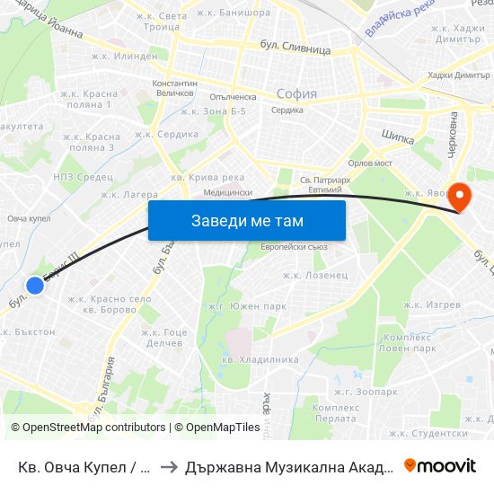 Кв. Овча Купел / Ovcha Kupel Qr. (0881) to Държавна Музикална Академия - Инструментален Факултет map